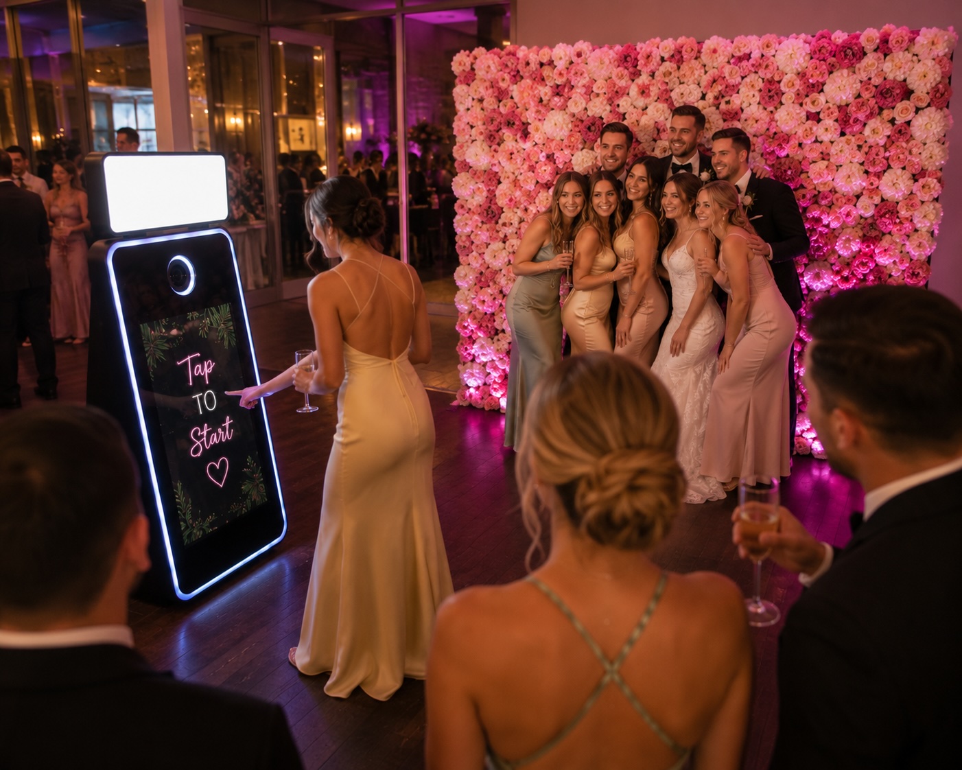 Selfie mirror booth alongside a pink flower wall