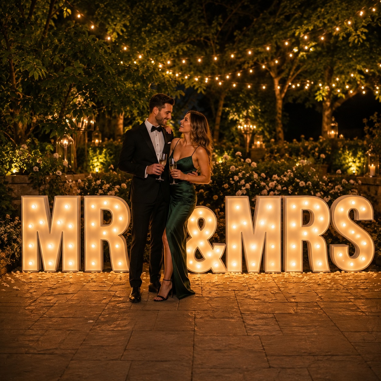 Couple beside illuminated MR & MRS marquee letters in a garden at night