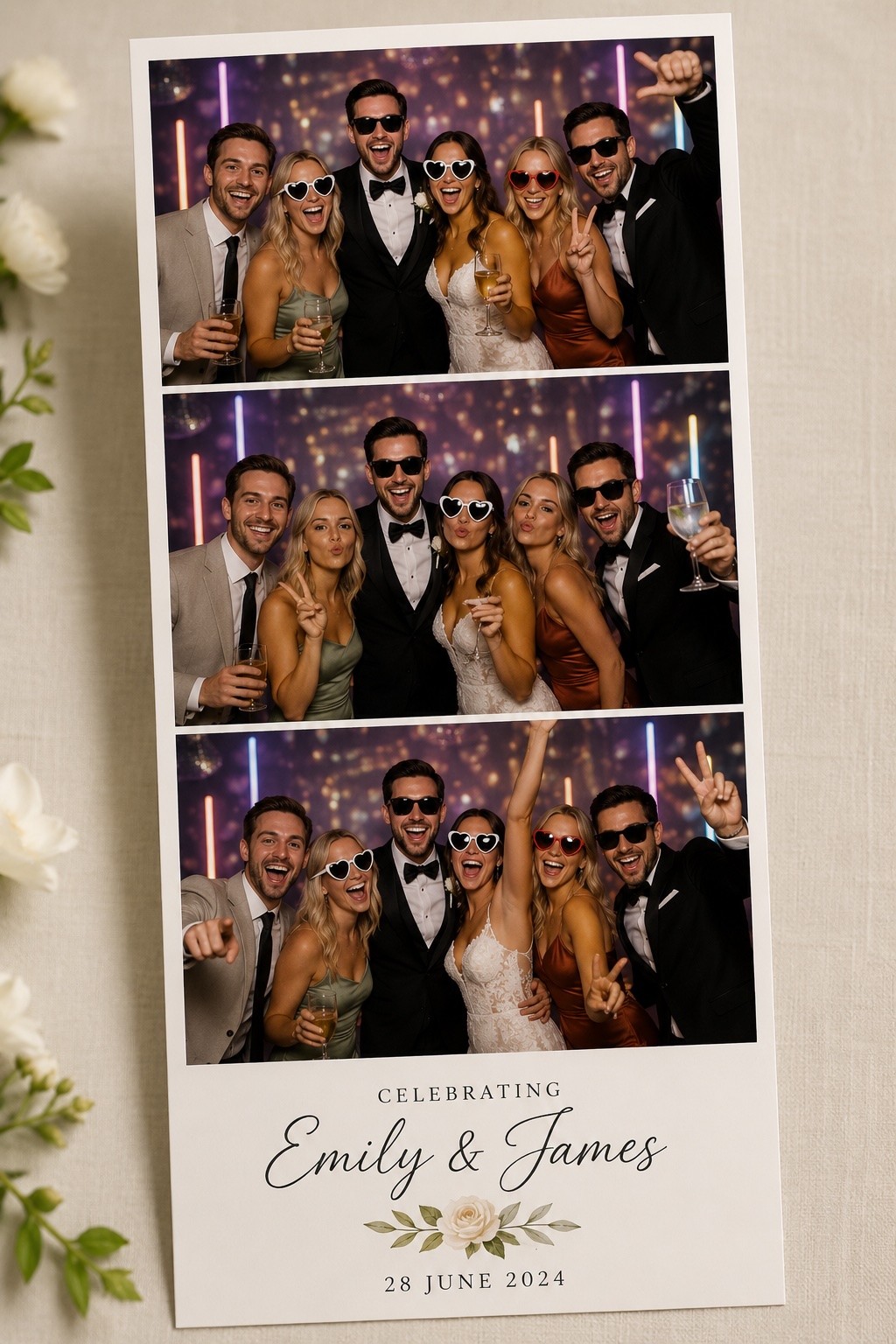Printed photo strip from the selfie mirror booth featuring a wedding party