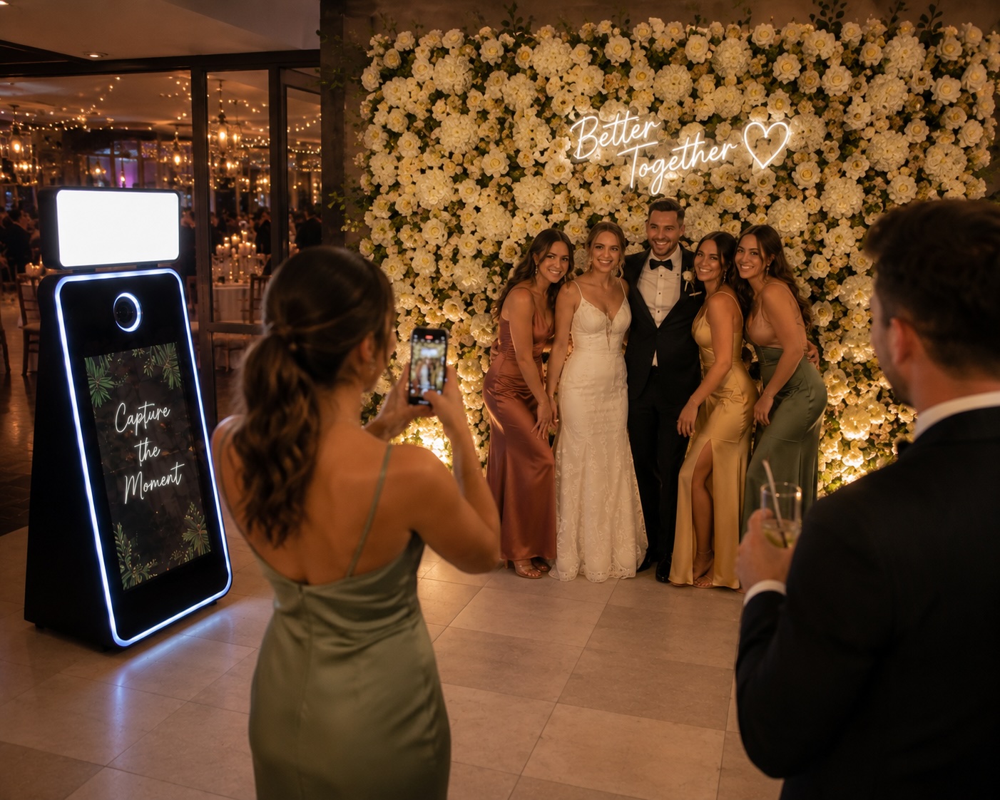 White flower wall with neon sign beside the selfie mirror