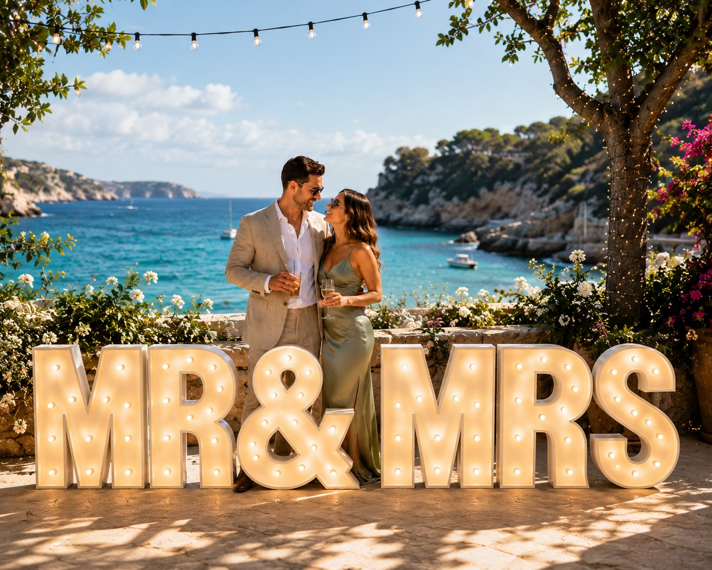 MR & MRS marquee letters at a sunny seaside wedding reception