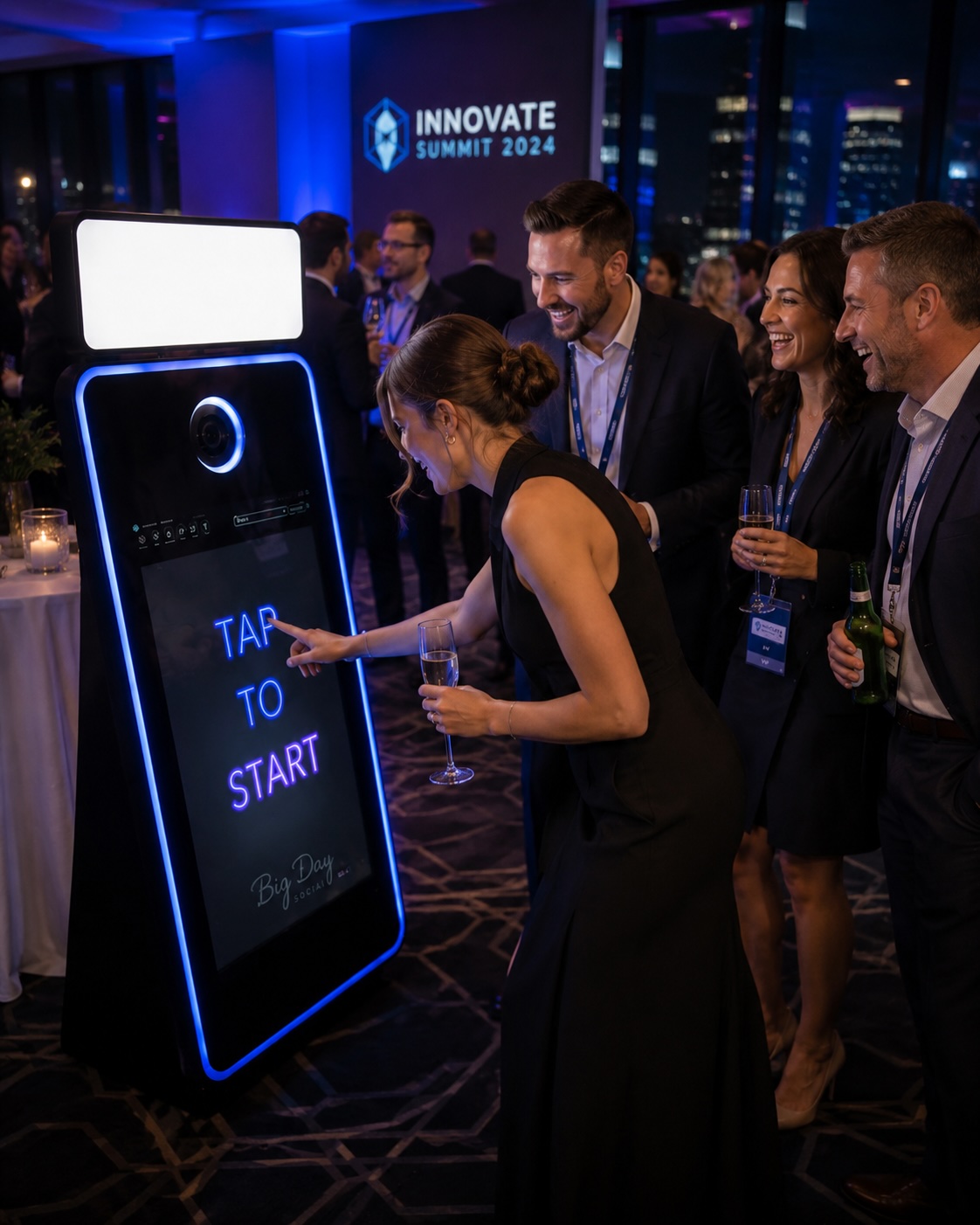 Guests enjoying a branded selfie mirror booth at a corporate event