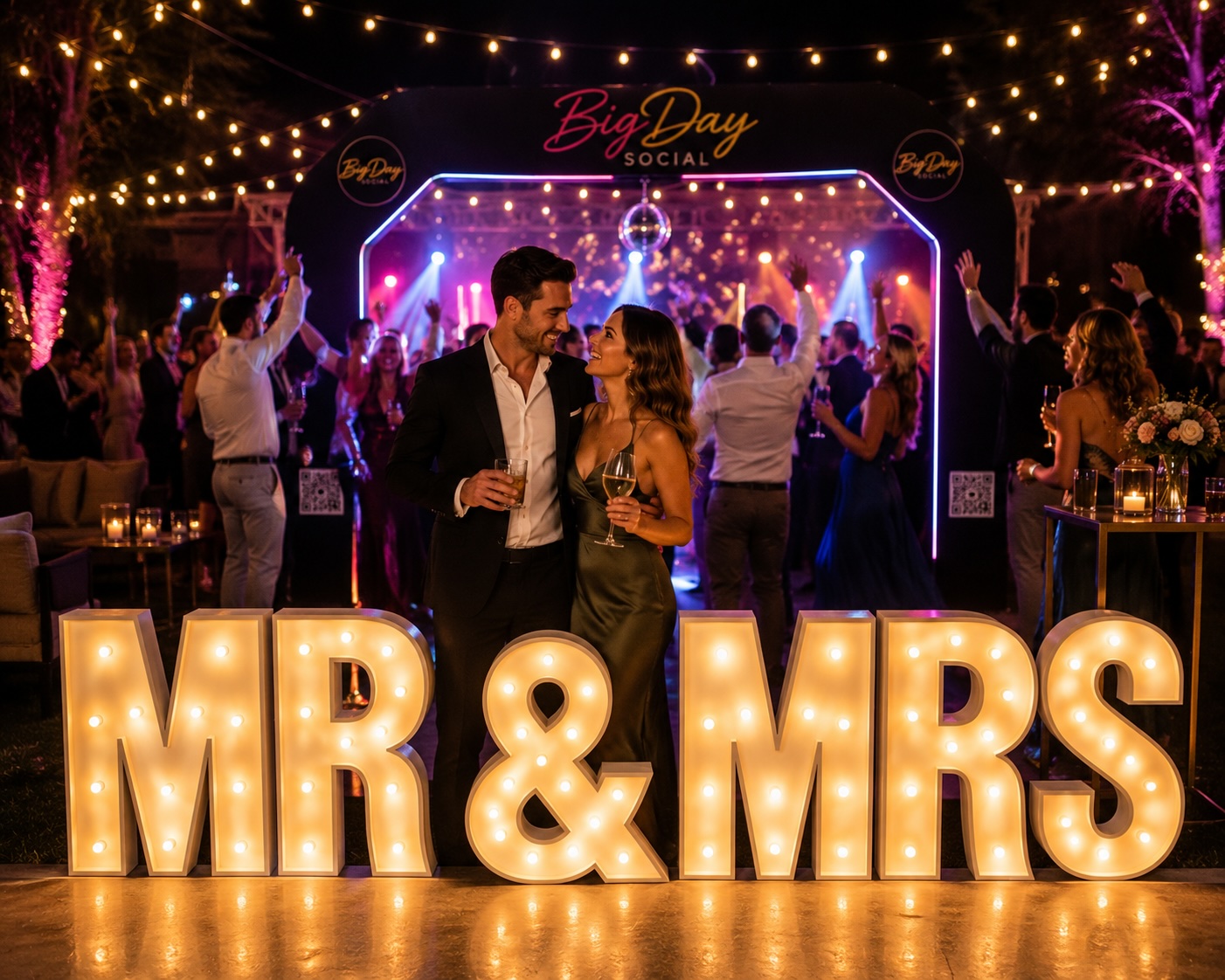 MR & MRS marquee letters glowing in front of a Big Day Social party