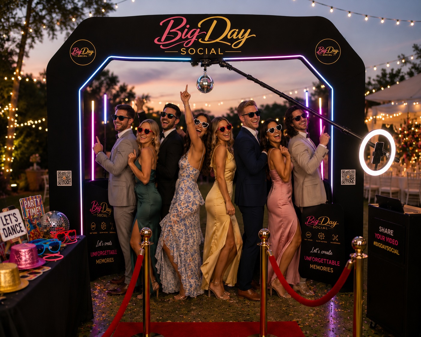 360 booth set up outdoors at dusk